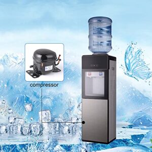 Water Cooler Dispenser Top Loading, Water Dispenser for 5 Gallon Bottle Hot & Cold Water Cooler Dispenser, Compressor Cooling, Water Cooler for Indoor Home Office Use with Storage Cabinet, Gray