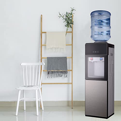 Water Cooler Dispenser Top Loading, Water Dispenser for 5 Gallon Bottle Hot & Cold Water Cooler Dispenser, Compressor Cooling, Water Cooler for Indoor Home Office Use with Storage Cabinet, Gray