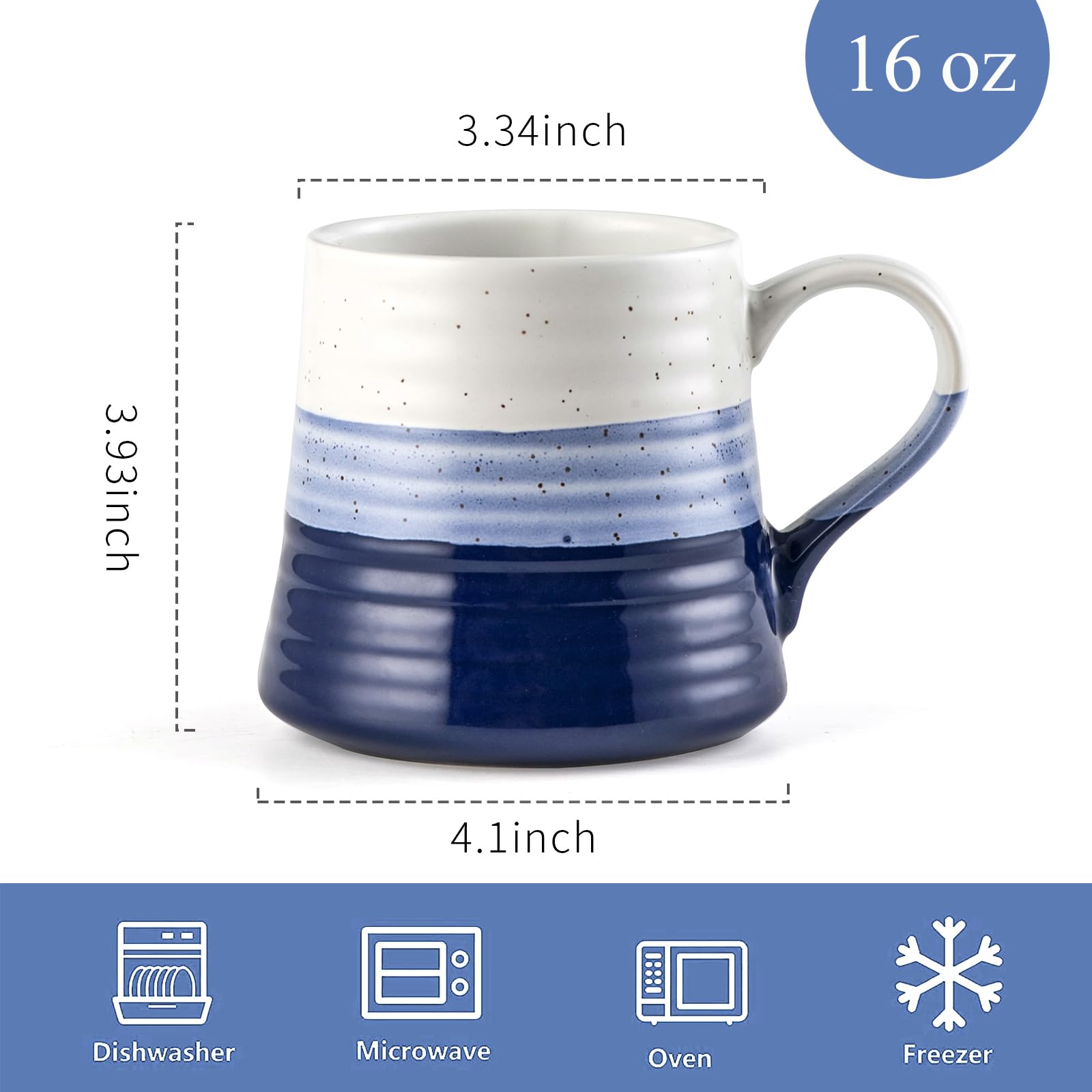 Coffee Cups Large Coffee Mug - 16 oz Ceramic Mugs Set of 4 Blue Stoneware Mugs for Office Home Café, Christmas Wedding Housewarming Gifts, Dishwasher & Microwave Safe