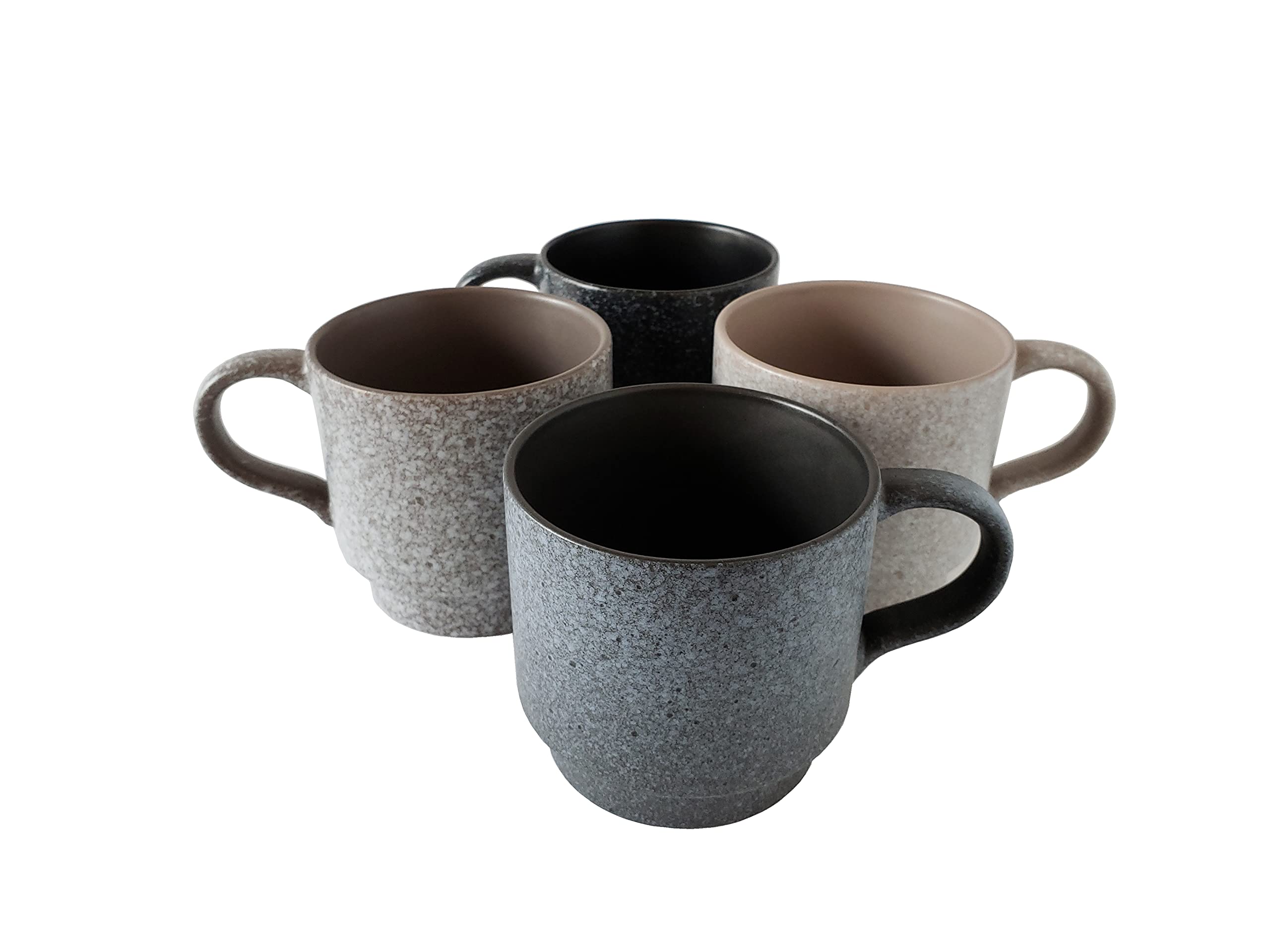 Essential Drinkware 14oz Classic Stackable Ceramic Coffee Mugs, Assorted Colors - Set of 4 Space Saving Durable Stacking Cups with Speckled Finish