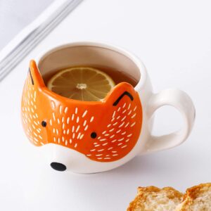 GoldenPlayer 3D Fox Mug Stoneware Coffee Mug Tea Cup Hand Painted Ceramic Animal Coffee Cup Mug, Orange and White