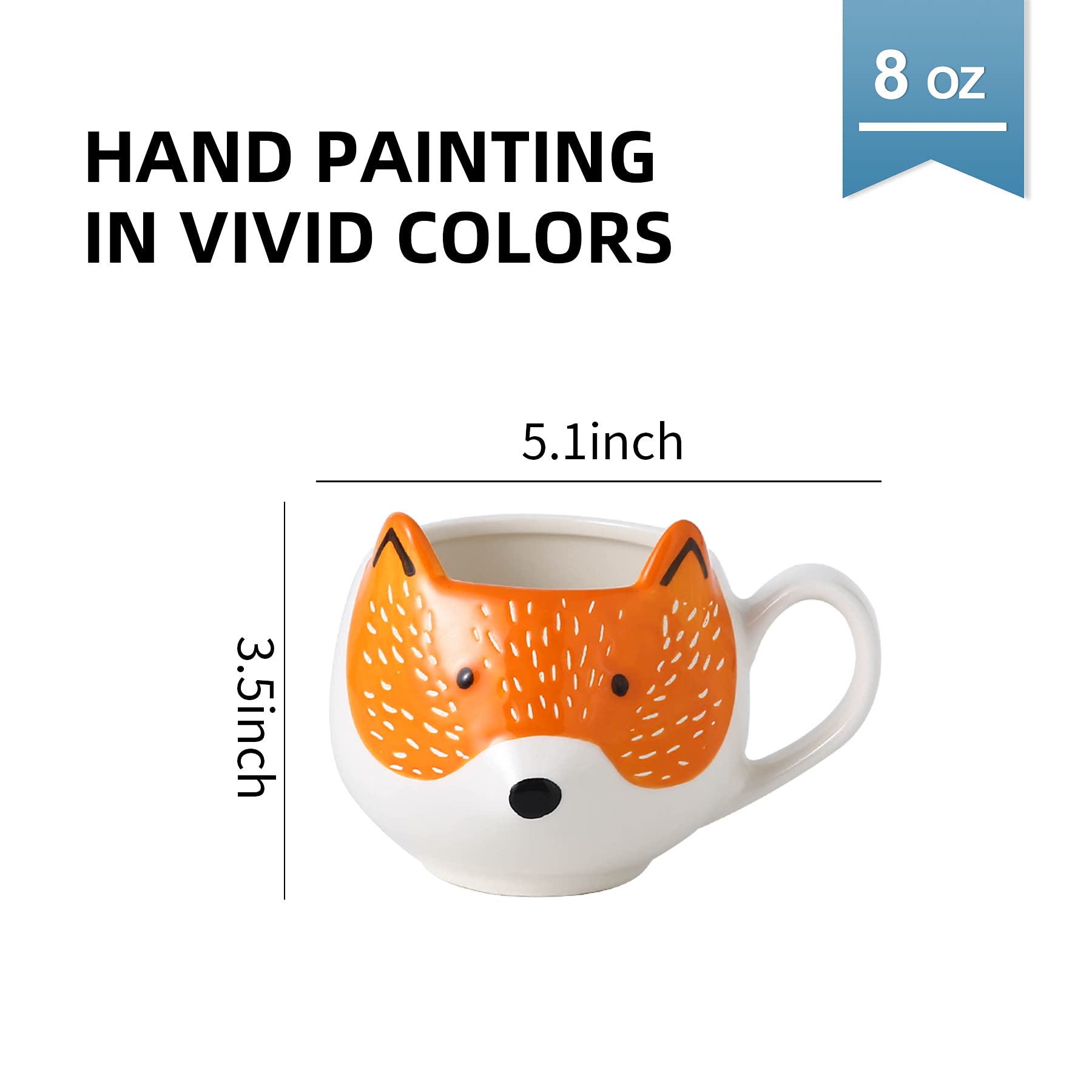 GoldenPlayer 3D Fox Mug Stoneware Coffee Mug Tea Cup Hand Painted Ceramic Animal Coffee Cup Mug, Orange and White