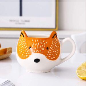 GoldenPlayer 3D Fox Mug Stoneware Coffee Mug Tea Cup Hand Painted Ceramic Animal Coffee Cup Mug, Orange and White