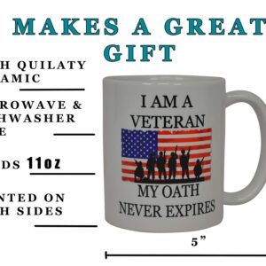 Rogue River Tactical Military Veteran Coffee Mug USA Flag American I Am A My Oath Never Expires Novelty Cup Gift For Marine Navy Army Air Force