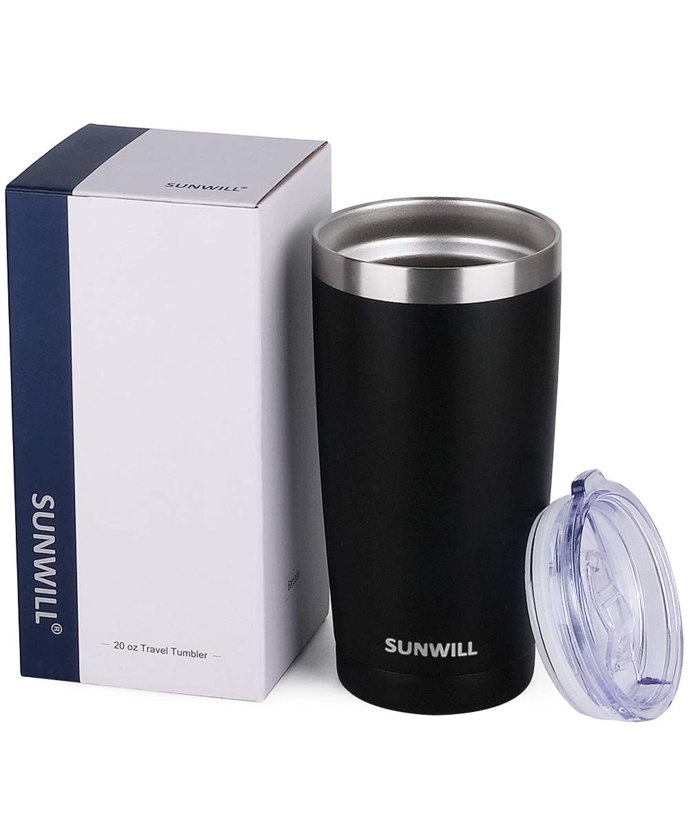 SUNWILL 20oz Tumbler with Lid, Stainless Steel Vacuum Insulated Double Wall Travel Tumbler, Durable Insulated Coffee Mug, Powder Coated Black, Thermal Cup with Splash Proof Sliding Lid