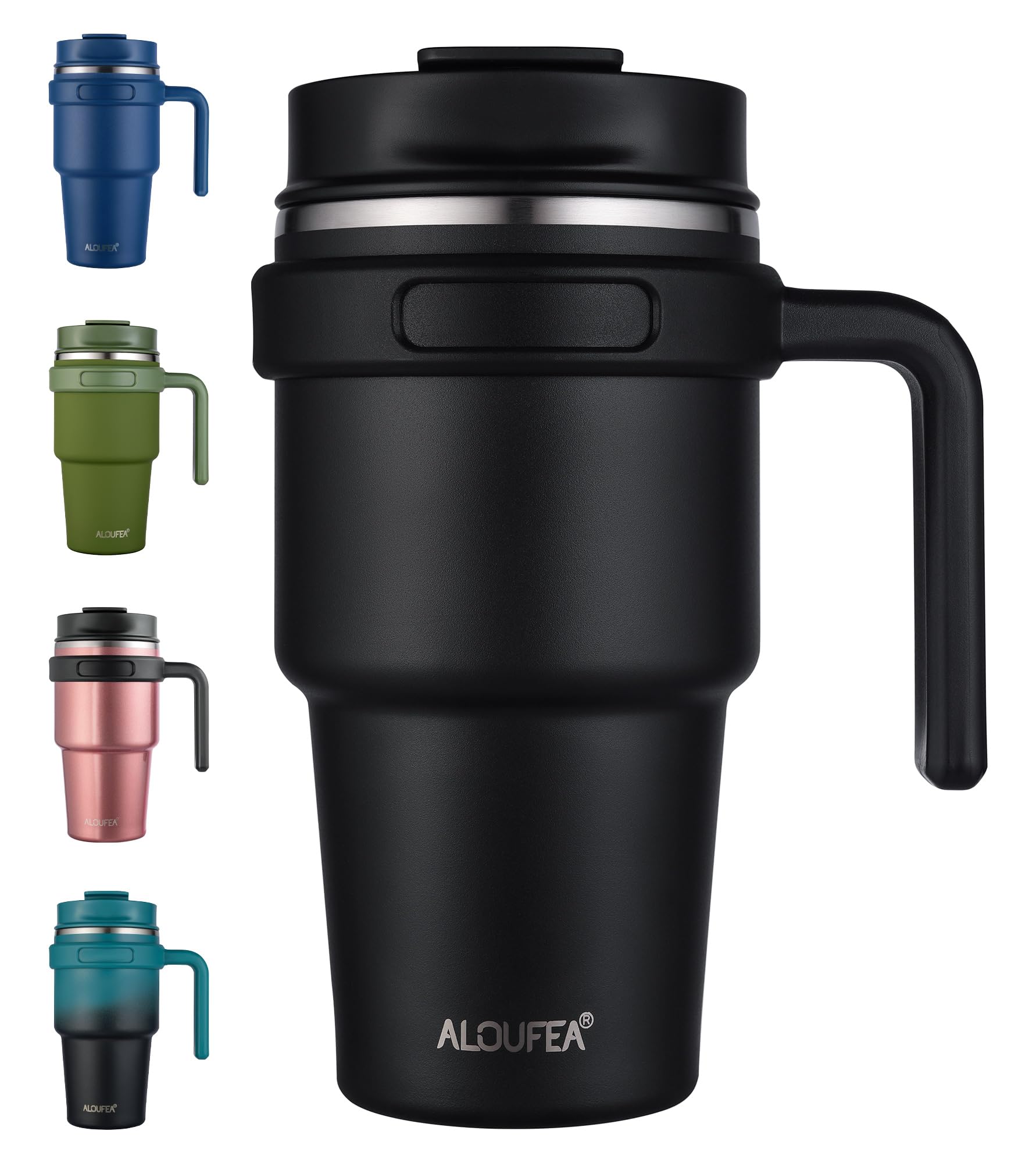 ALOUFEA 20 oz Insulated Coffee Mug Tumbler with Handle, Stainless Steel Travel Mug Tumbler with Lid and Straw,Double Wall Vacuum Leak Proof Ice Coffee Thermal Cup, Black