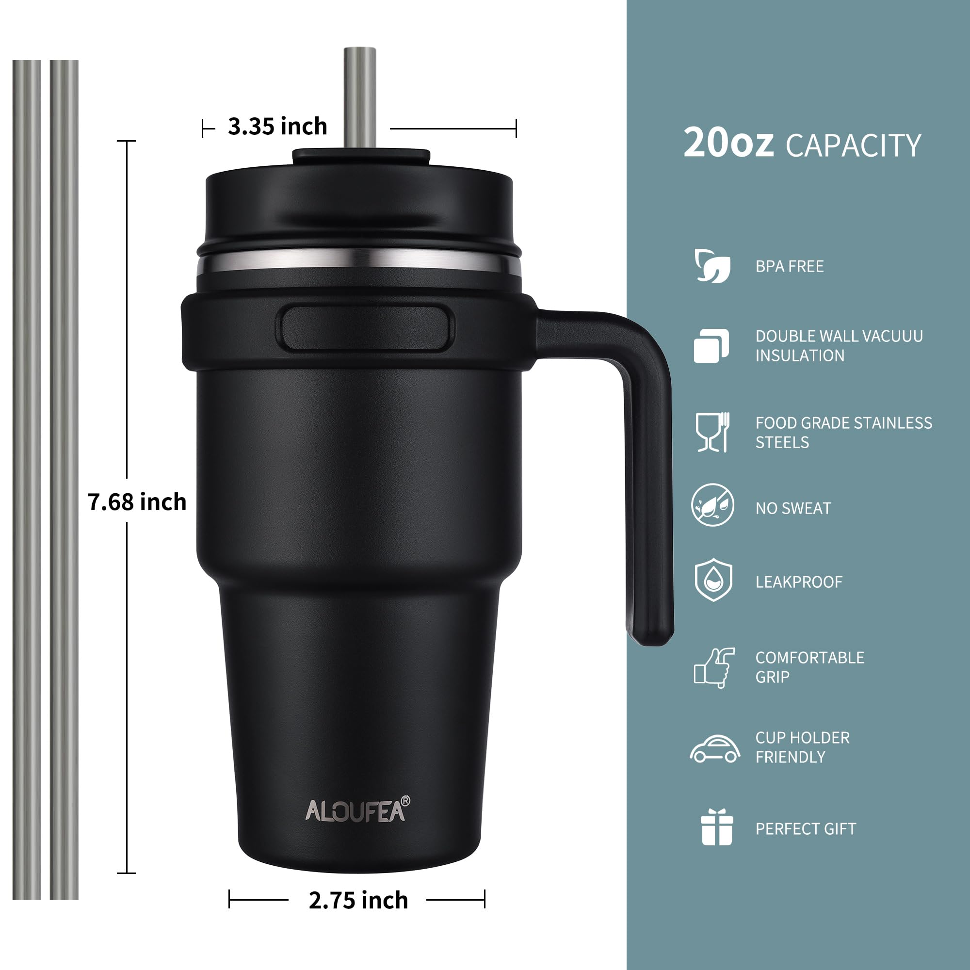 ALOUFEA 20 oz Insulated Coffee Mug Tumbler with Handle, Stainless Steel Travel Mug Tumbler with Lid and Straw,Double Wall Vacuum Leak Proof Ice Coffee Thermal Cup, Black