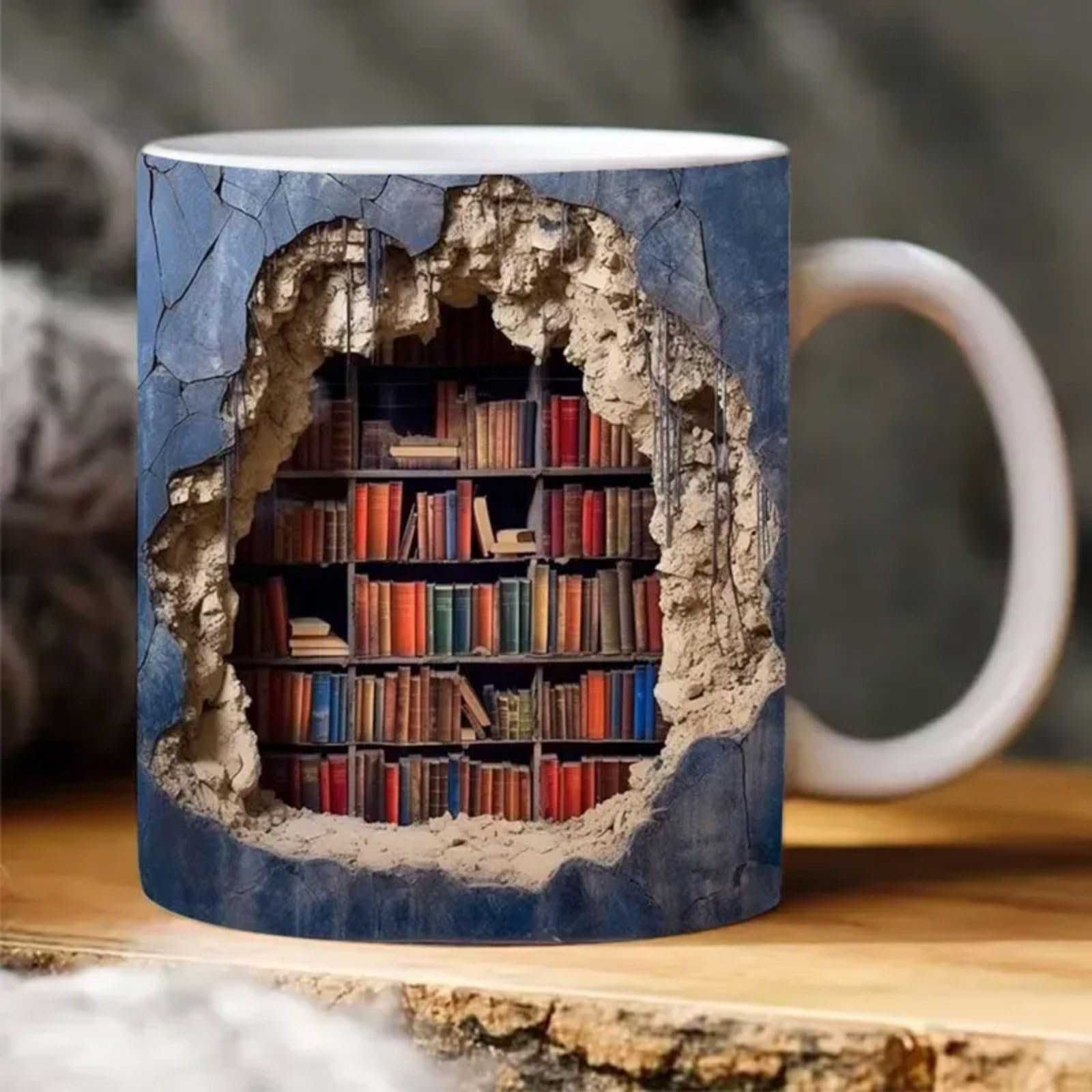 3D Bookshelf Mug - A Library Shelf Cup, Library Bookshelf Mug, Book Lovers Coffee Mug, Creative Space Design Multi-Purpose Ceramic Mug, Cool Gifts for Readers Bookish 3D White Mug (A)