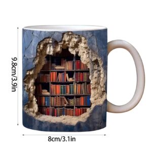 3D Bookshelf Mug - A Library Shelf Cup, Library Bookshelf Mug, Book Lovers Coffee Mug, Creative Space Design Multi-Purpose Ceramic Mug, Cool Gifts for Readers Bookish 3D White Mug (A)