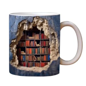 3D Bookshelf Mug - A Library Shelf Cup, Library Bookshelf Mug, Book Lovers Coffee Mug, Creative Space Design Multi-Purpose Ceramic Mug, Cool Gifts for Readers Bookish 3D White Mug (A)