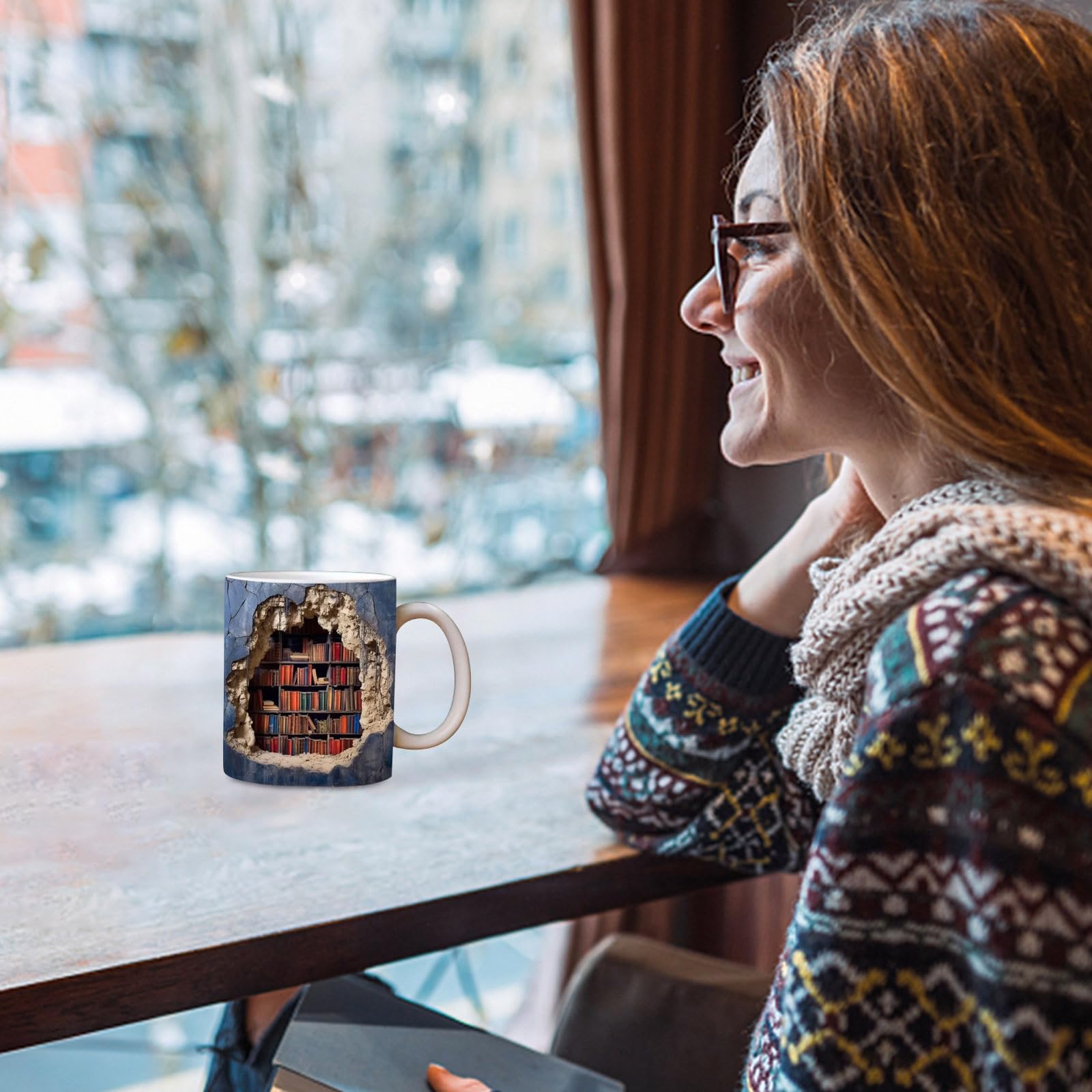 3D Bookshelf Mug - A Library Shelf Cup, Library Bookshelf Mug, Book Lovers Coffee Mug, Creative Space Design Multi-Purpose Ceramic Mug, Cool Gifts for Readers Bookish 3D White Mug (A)