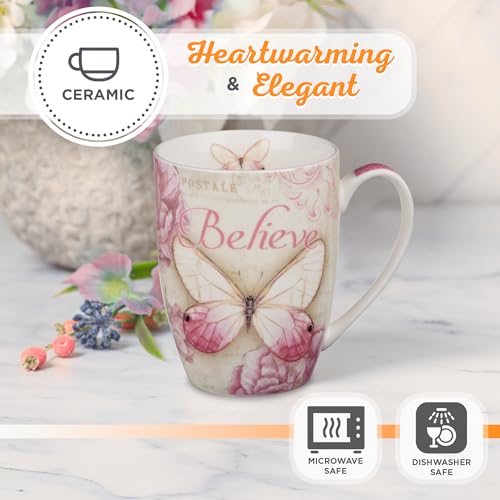 Christian Art Gifts Botanic Pink Butterfly Ceramic Coffee Mug – Inspirational Coffee Cup for Women & Men 12 oz. Lead-free Microwave and Dishwasher Safe Coffee Mug with Bible Verse: Believe - Mark 9:23