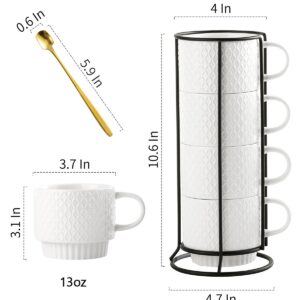 Gomakren Stackable Coffee Mugs Set with Stand, Coffe Cup with Tea Spoon 13 Ounce Cups for Cappuccino Coffee Drinks Tea, Set of 4, White Gift for Man Women 380ml