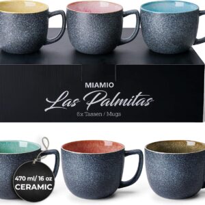 MIAMIO - 6 x 16 oz. coffee cups/mug set/coffee cup large/modern stoneware coffee mugs - Las Palmitas Collection