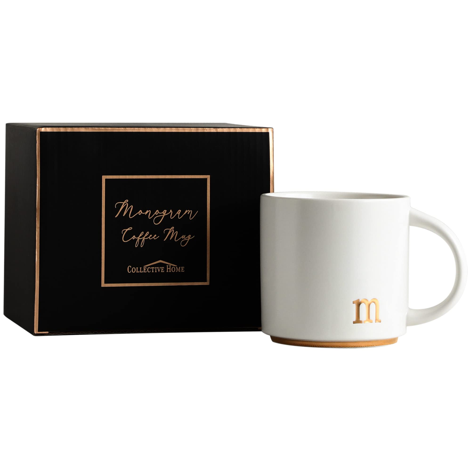 COLLECTIVE HOME - Monogram Ceramic Mugs, 15 oz Golden Initial Coffee Cups, Elegant Alphabet Tea Mugs, Elegant Personalized Mug with Gift Box, Luxurious Cups for Office and Home (m)