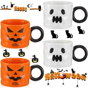 zhehao 4 pieces halloween mugs 15oz mug set halloween coffee mugs with handle halloween ceramic matching mugs for home school office table centerpieces housewarming holiday party gift (cute style)