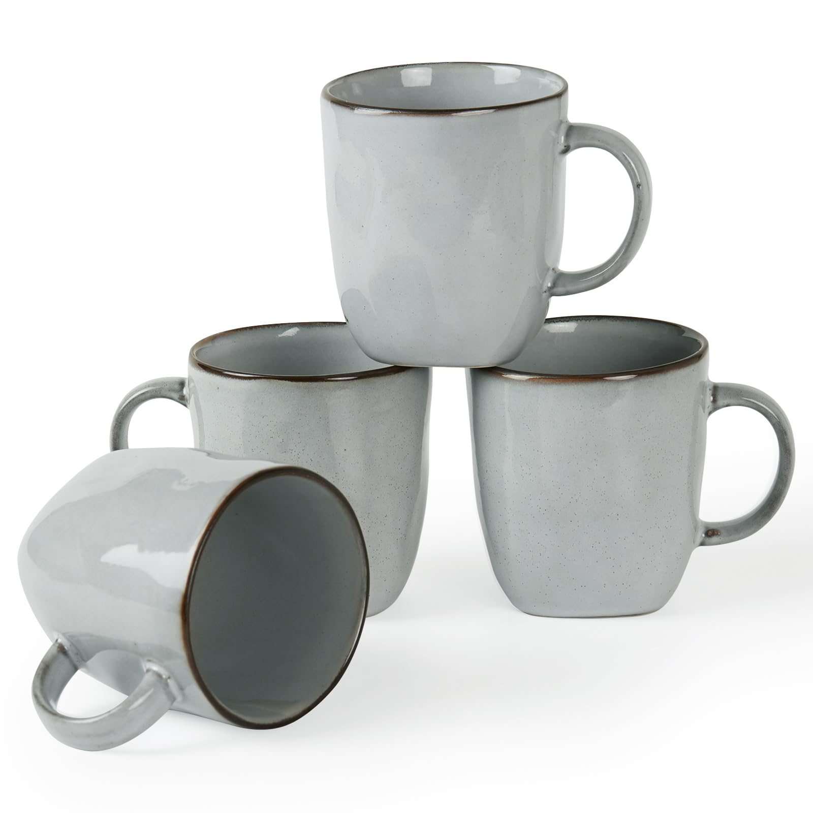 famiware Coffee Mugs Set of 4, Ocean Square 13oz Coffee Cup Set with Handle for Cocoa, Milk, Hot Chocolate, Tea, Water, Stoneware Cups for Kitchen, Microwave and Dishwasher Safe, Grey