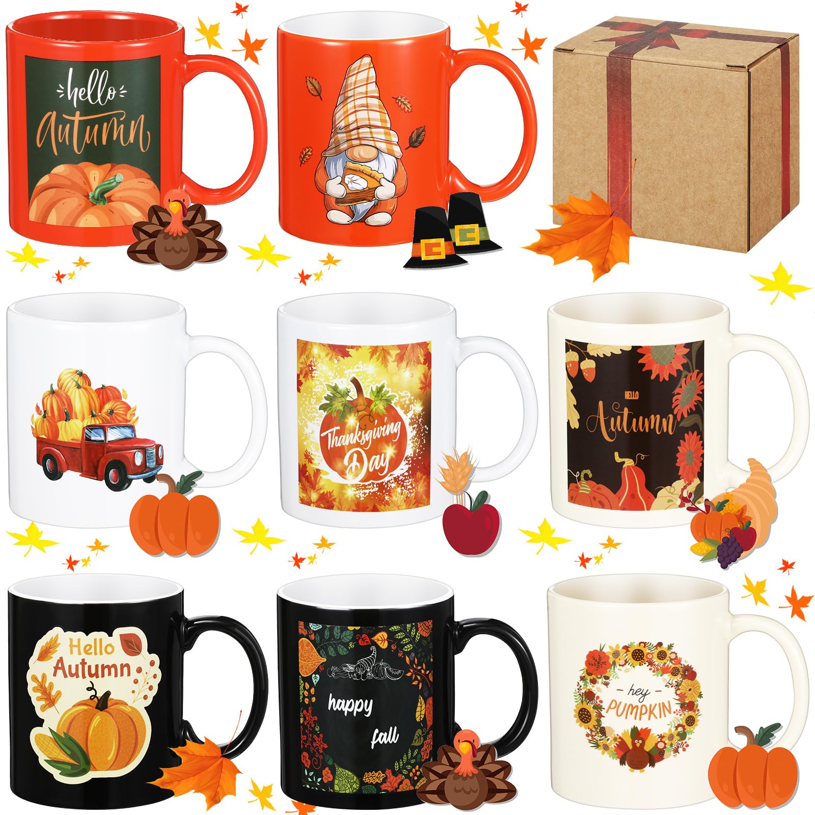 Maxdot 8 Pieces Pumpkin Mugs Autumn Coffee Mug 12oz Fall Cup Thanksgiving Mugs Set with Handle Ceramic Mugs for Home School Office Table Centerpieces Housewarming Holiday Party Gift