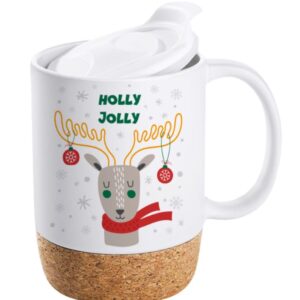 ALLTHINGVB Ceramic Christmas Reindeer White Mug with Cork Base and PP Lid, Luxury Christmas Tea Mugs for Coffee, Hot Chocolate, Best Gift for your Love,Family, Friends.14 oz