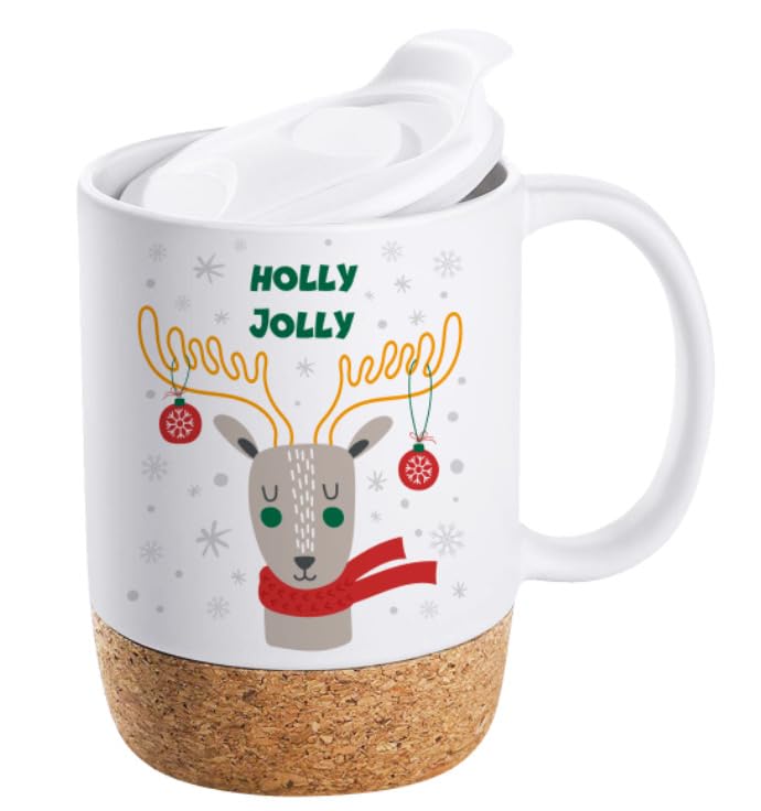 ALLTHINGVB Ceramic Christmas Reindeer White Mug with Cork Base and PP Lid, Luxury Christmas Tea Mugs for Coffee, Hot Chocolate, Best Gift for your Love,Family, Friends.14 oz