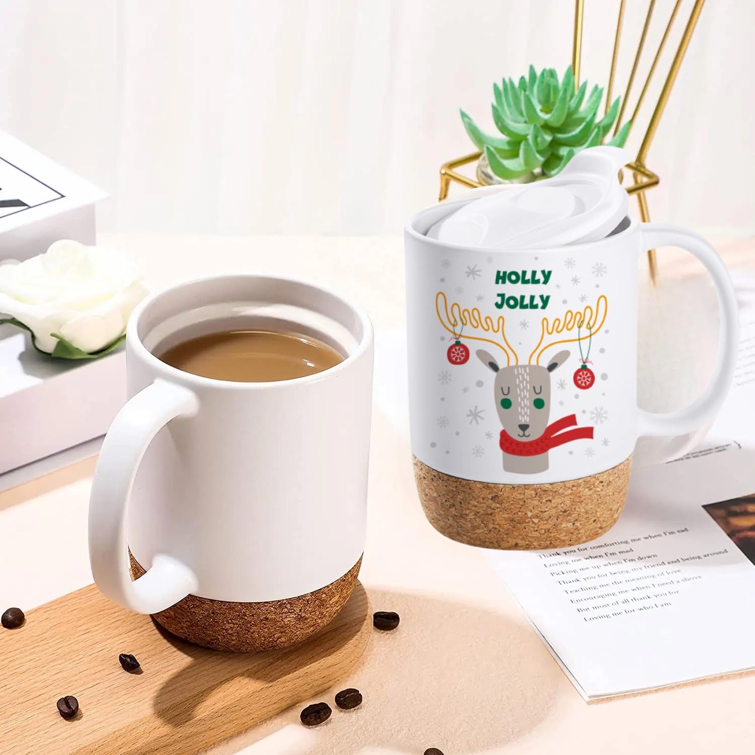 ALLTHINGVB Ceramic Christmas Reindeer White Mug with Cork Base and PP Lid, Luxury Christmas Tea Mugs for Coffee, Hot Chocolate, Best Gift for your Love,Family, Friends.14 oz