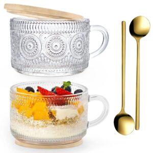 2pcs vintage coffee mugs, 15oz overnight oats containers with bamboo lids and spoons clear embossed glass coffee cups,gifts ideal for yogurt, cappuccino, tea, latte