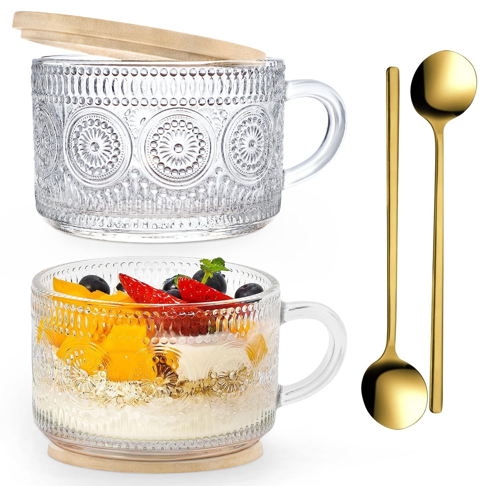 2pcs Vintage Coffee Mugs, 15Oz Overnight Oats Containers with Bamboo Lids and Spoons Clear Embossed Glass Coffee Cups,Gifts Ideal for Yogurt, Cappuccino, Tea, Latte