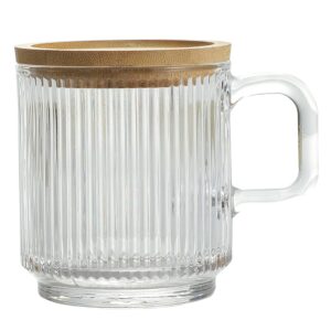 lysenn clear glass coffee mug with lid - premium classical vertical stripes glass tea cup - for |latte|tea|chocolate|juice|water| - unleaded - bamboo lid - 12.5 ounces