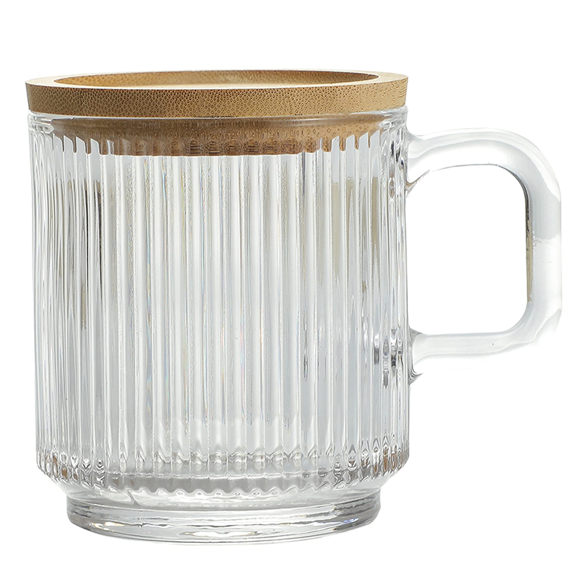 Lysenn Clear Glass Coffee Mug with Lid - Premium Classical Vertical Stripes Glass Tea Cup - for |Latte|Tea|Chocolate|Juice|Water| - Unleaded - Bamboo Lid - 12.5 Ounces