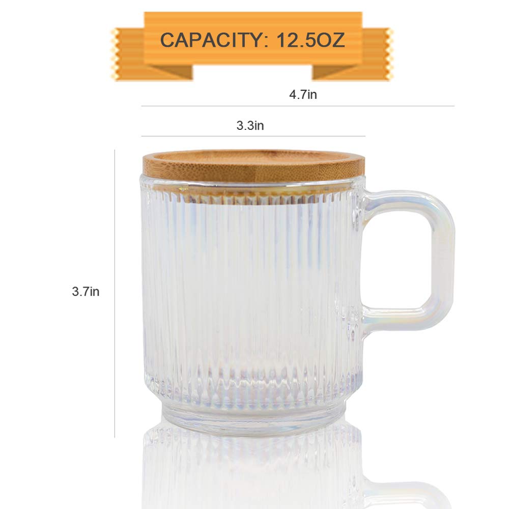 Lysenn Clear Glass Coffee Mug with Lid - Premium Classical Vertical Stripes Glass Tea Cup - for |Latte|Tea|Chocolate|Juice|Water| - Unleaded - Bamboo Lid - 12.5 Ounces