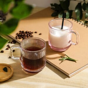 Lysenn Clear Glass Coffee Mug with Lid - Premium Classical Vertical Stripes Glass Tea Cup - for |Latte|Tea|Chocolate|Juice|Water| - Unleaded - Bamboo Lid - 12.5 Ounces