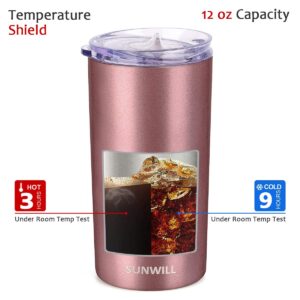 SUNWILL 12oz Tumbler with Lid, Insulated Coffee Travel Mug, Skinny Tumbler Lowball, Double Wall Stainless Steel Coffee Cup for Tea and Beverage, Rose Gold