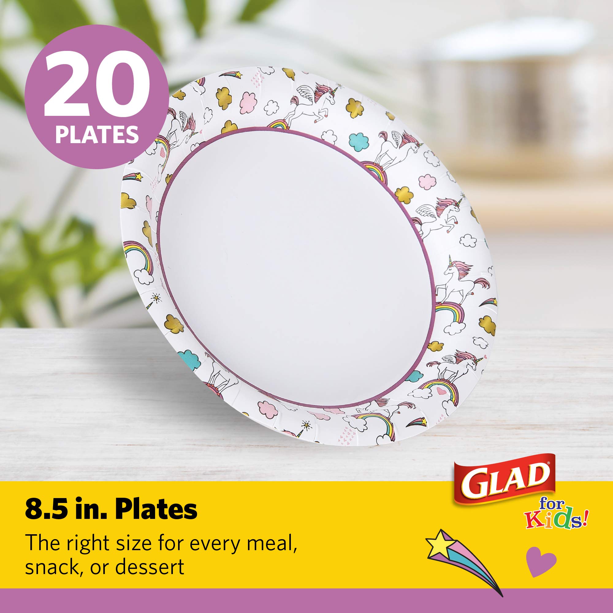 Glad for Kids Unicorn Paper Plates - Heavy Duty Disposable Party Plates, Colorful Design for Birthday Parties, Zoo Pals, Kids Paper Plates Bulk, Pack of 20, 8.5 Inch