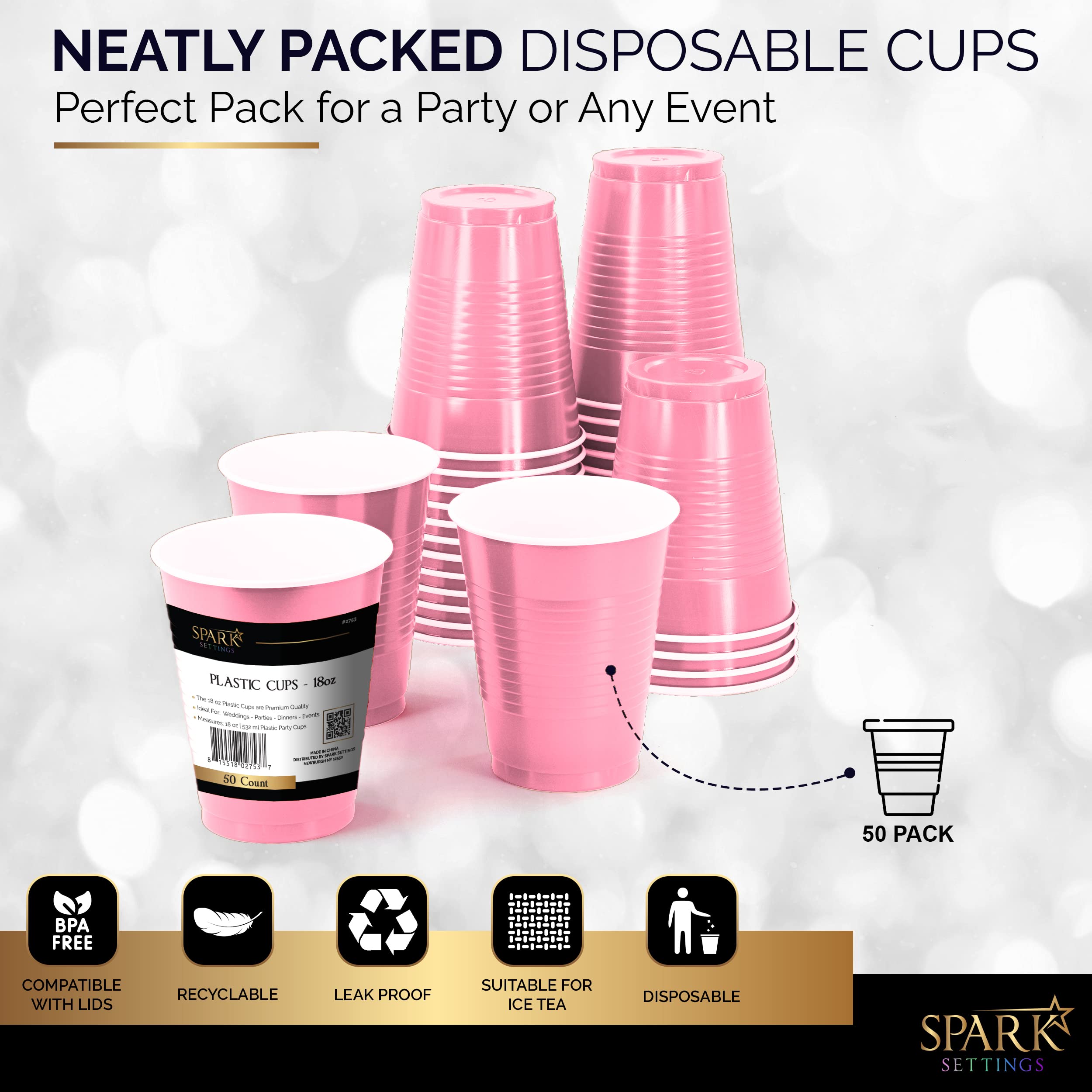 Amcrate Disposable Plastic Cups, Pink Colored Plastic Cups, 18-Ounce Plastic Party Cups, Strong and Sturdy Disposable Cups for Party, Wedding, Christmas, Halloween Party Cup, 50 Pack