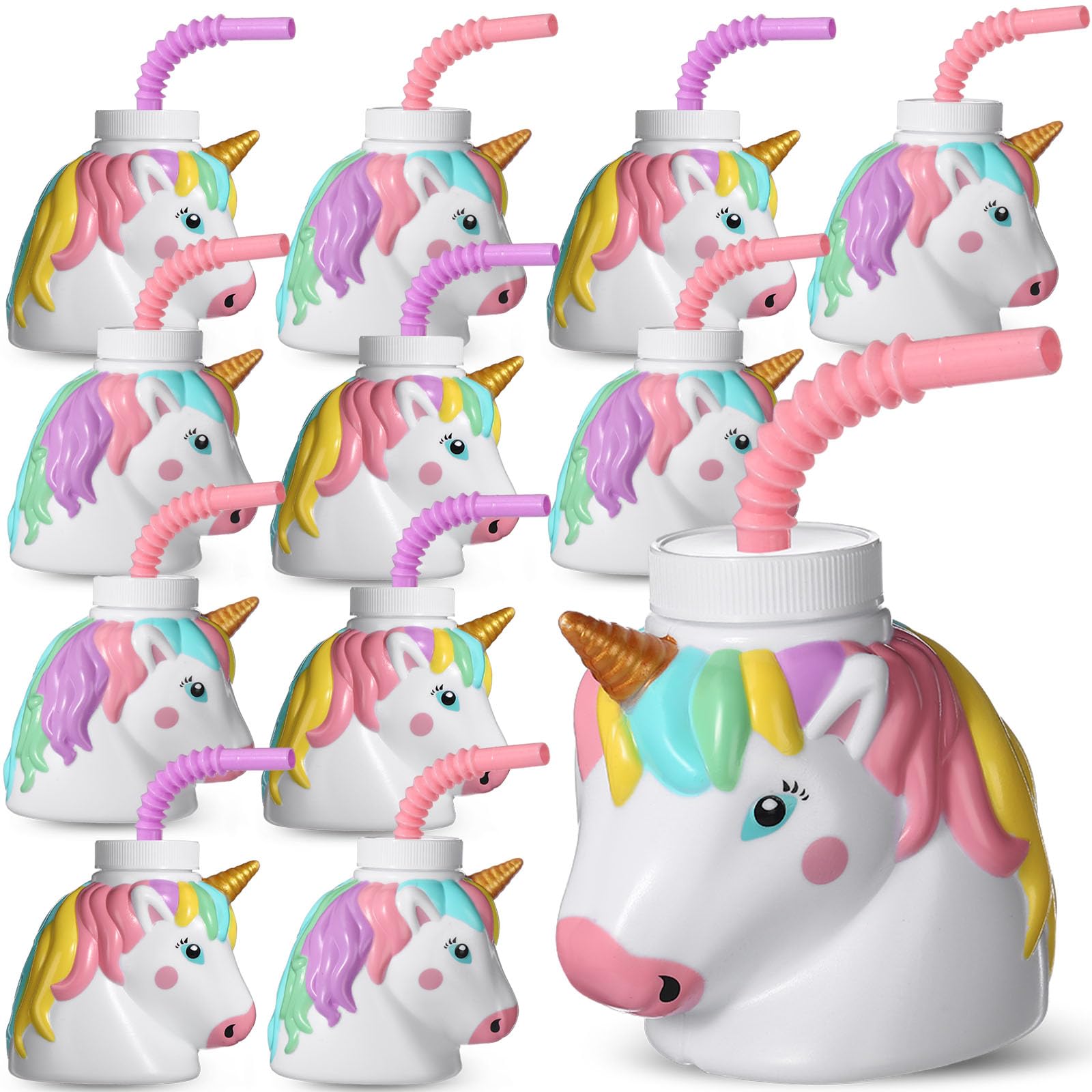 Mifoci Unicorn Birthday Party Favor Gift Supplies Unicorn Cups with Straws,10 oz Plastic Unicorn Shape Cup Reusable for Girls Birthday Baby Shower Unicorn Theme Party Supplies(Pastel Color, 12 Set)