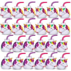 Mifoci Unicorn Birthday Party Favor Gift Supplies Unicorn Cups with Straws,10 oz Plastic Unicorn Shape Cup Reusable for Girls Birthday Baby Shower Unicorn Theme Party Supplies(Bright Color, 24 Set)