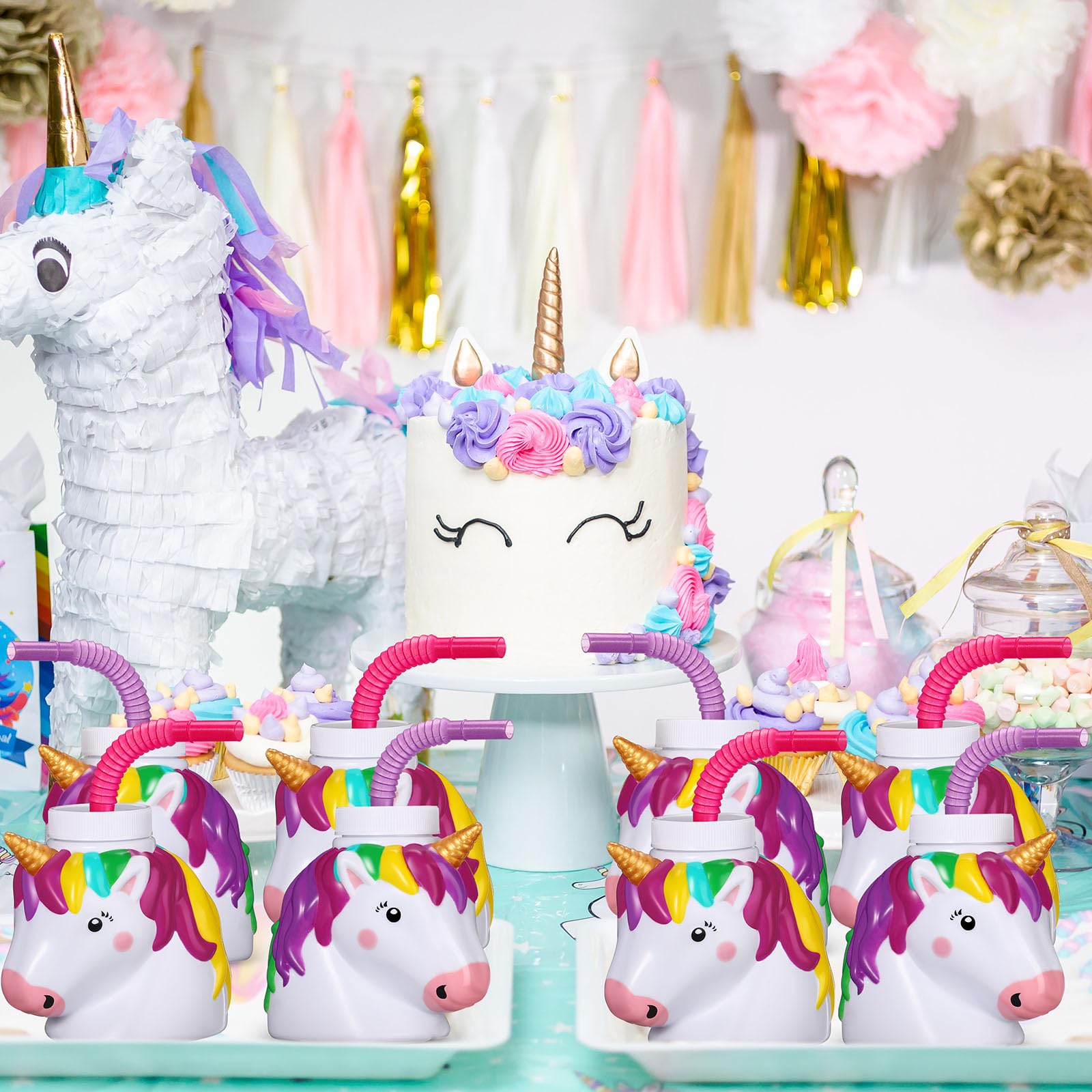 Mifoci Unicorn Birthday Party Favor Gift Supplies Unicorn Cups with Straws,10 oz Plastic Unicorn Shape Cup Reusable for Girls Birthday Baby Shower Unicorn Theme Party Supplies(Bright Color, 24 Set)