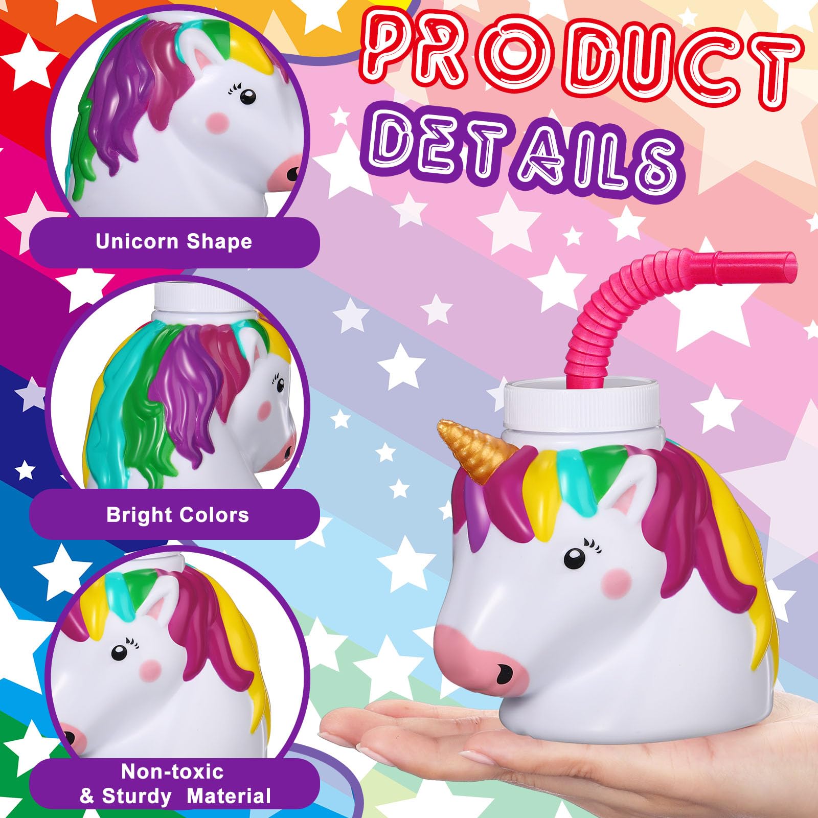 Mifoci Unicorn Birthday Party Favor Gift Supplies Unicorn Cups with Straws,10 oz Plastic Unicorn Shape Cup Reusable for Girls Birthday Baby Shower Unicorn Theme Party Supplies(Bright Color, 24 Set)