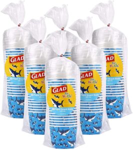 glad for kids sharks 12 oz paper snack bowls with lids, disposable snack cups with lids, 12 oz, heavy duty disposable soak proof microwavable paper bowls for soup, ice cream, 20 count (pack of 6)