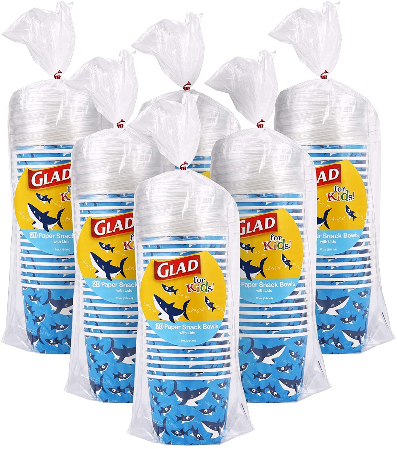 Glad for Kids Sharks 12 oz Paper Snack Bowls with Lids, Disposable Snack Cups with Lids, 12 oz, Heavy Duty Disposable Soak Proof Microwavable Paper Bowls for Soup, Ice Cream, 20 Count (Pack of 6)