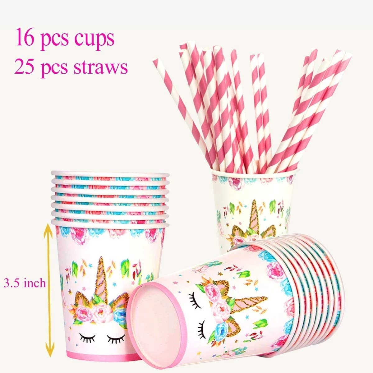 41Pcs Disposable Unicorn Themed Party Supplies Decorations Set for Girls Children Birthday Party Baby Shower,Include 16pcs Unicorn Paper Cups and 25pcs Unicorn straw,Serves 16 Guests