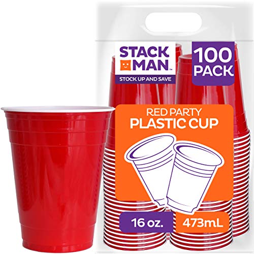 Red Cups - Party Cups - Disposable Plastic Cups [16 oz - 100 Pack] Fun & Durable Party Cups for Drinking & Playing - Bulk Case of 100 Cups, By Stack Man