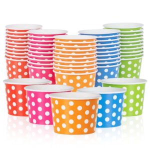 matican paper ice cream cups - 50-count 4-oz disposable dessert bowls for hot or cold food, 4-ounce party supplies treat cups for sundae, frozen yogurt, soup, 5 colors, polka dots