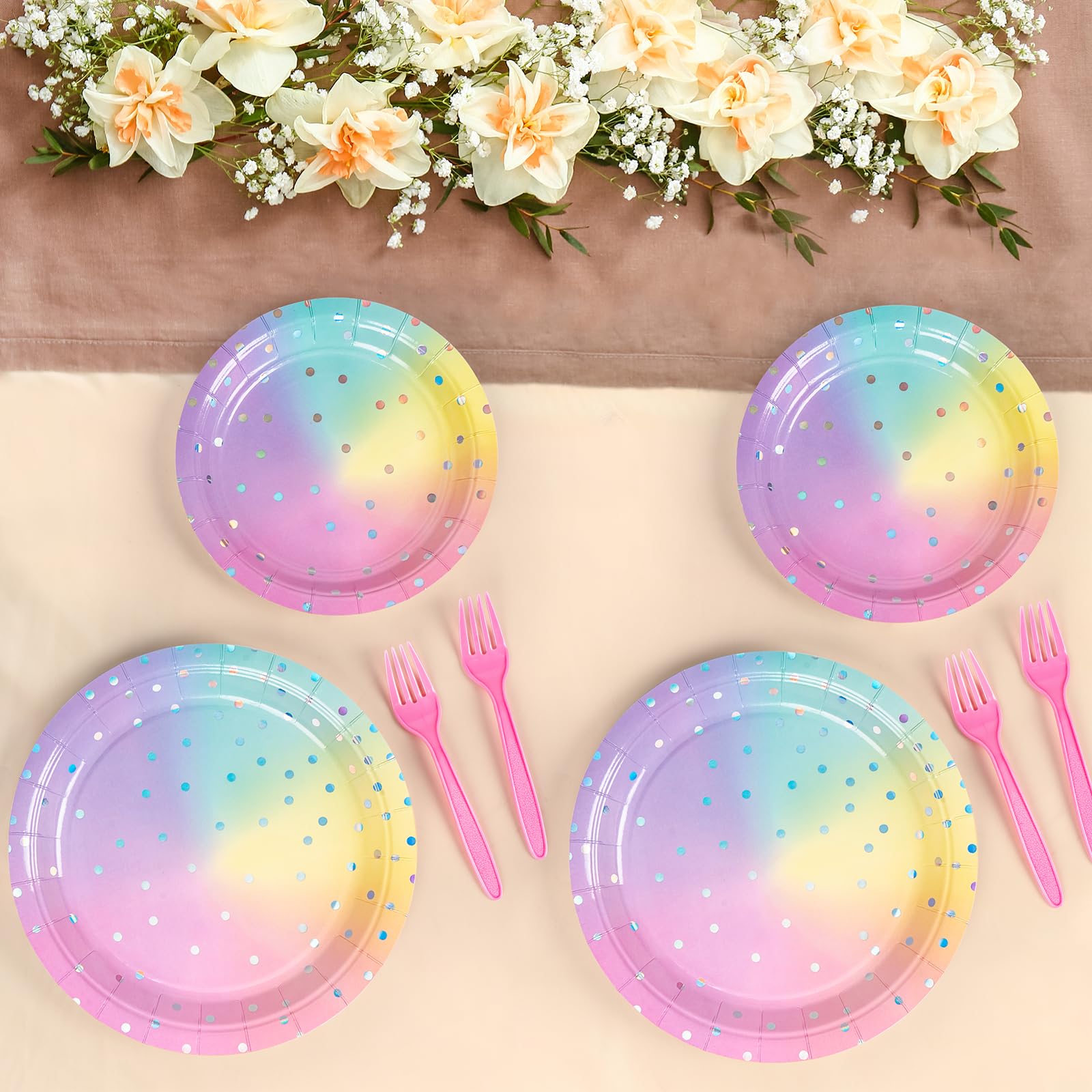 DECORLIFE Pastel Plates and Napkins Party Supplies Serve 24, Rainbow Birthday Plates and Napkins, Girls Baby Shower, Birthday BBQ, Folks Included, Total 96PCS