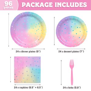 DECORLIFE Pastel Plates and Napkins Party Supplies Serve 24, Rainbow Birthday Plates and Napkins, Girls Baby Shower, Birthday BBQ, Folks Included, Total 96PCS