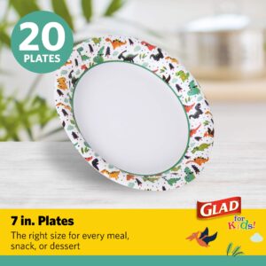 Glad for Kids Dinosaur Design Disposable Paper Plates, 7-Inch, Soak Proof & Microwavable Kid Paper Plates - Perfect for Kids Birthday Parties, Dinosaur Party Supplies - 20 Count Party Plates