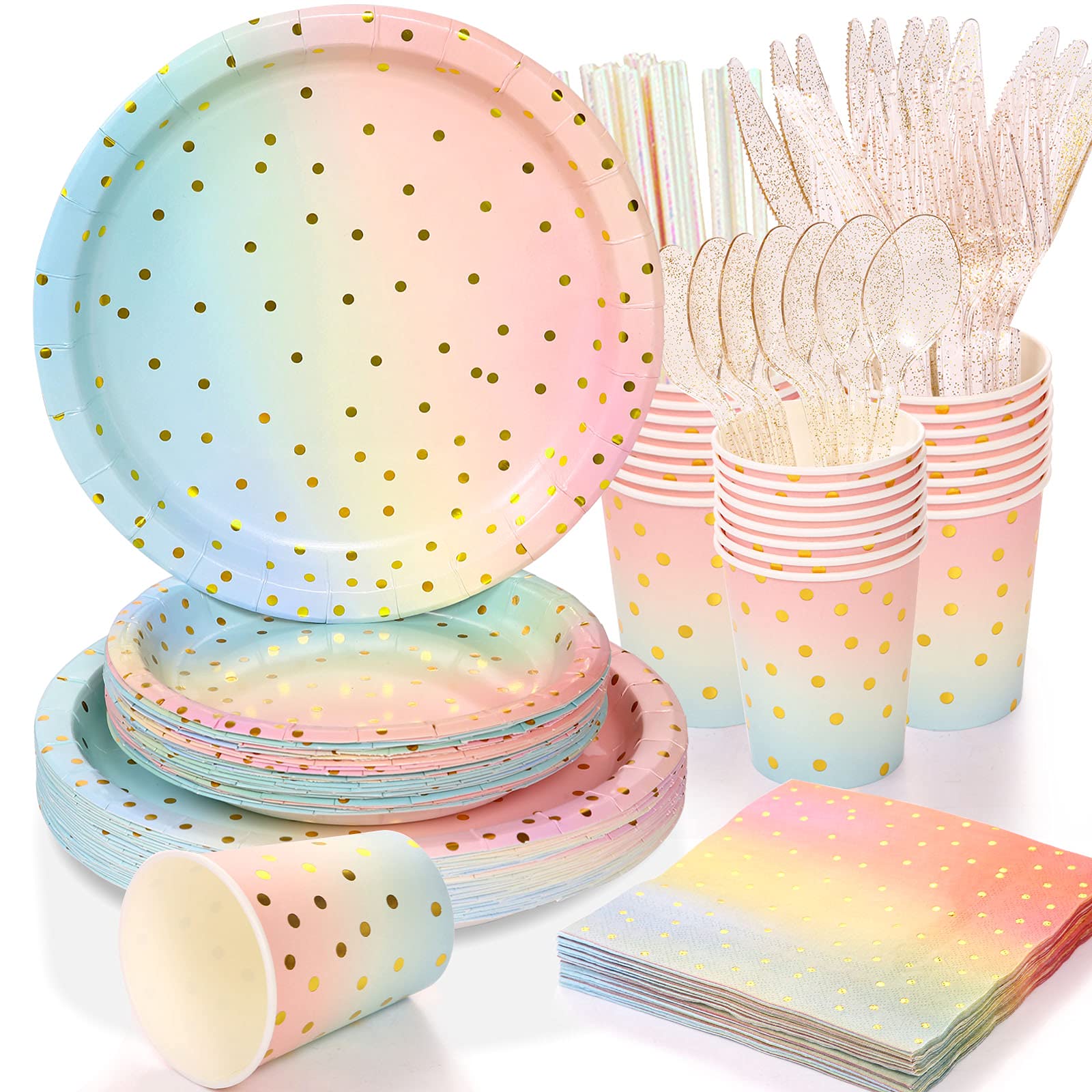 200 Pcs Pastel Party Decorations,Golden Dot Disposable Paper Plates Set,Pastel Plates and Napkins Party Supplies for Birthday Baby Shower Wedding Rainbow Party