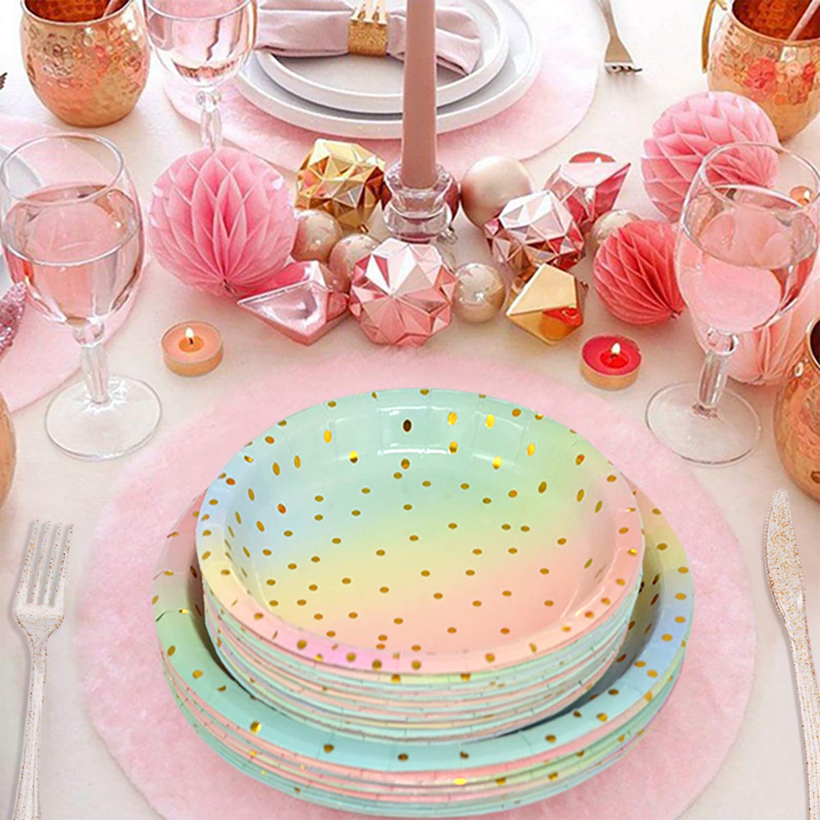 200 Pcs Pastel Party Decorations,Golden Dot Disposable Paper Plates Set,Pastel Plates and Napkins Party Supplies for Birthday Baby Shower Wedding Rainbow Party