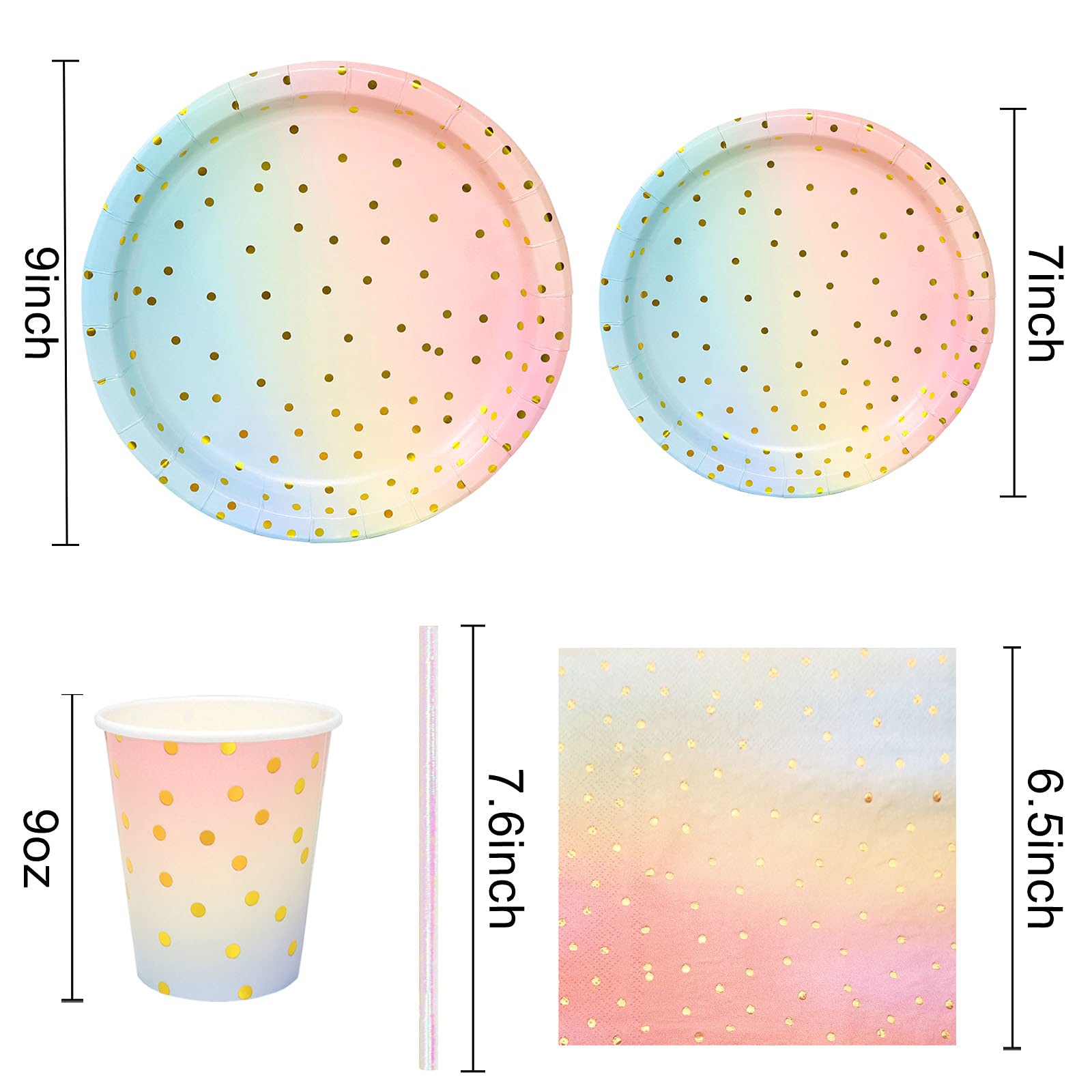 200 Pcs Pastel Party Decorations,Golden Dot Disposable Paper Plates Set,Pastel Plates and Napkins Party Supplies for Birthday Baby Shower Wedding Rainbow Party