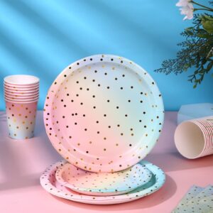 200 Pcs Pastel Party Decorations,Golden Dot Disposable Paper Plates Set,Pastel Plates and Napkins Party Supplies for Birthday Baby Shower Wedding Rainbow Party